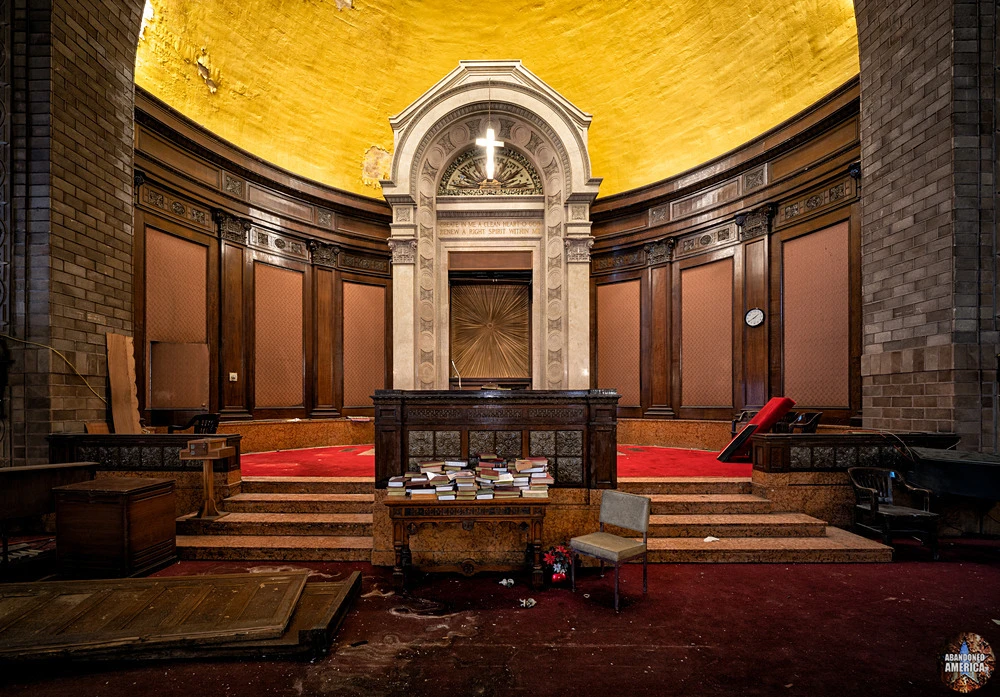 The original gilded apse, books left where they fell.